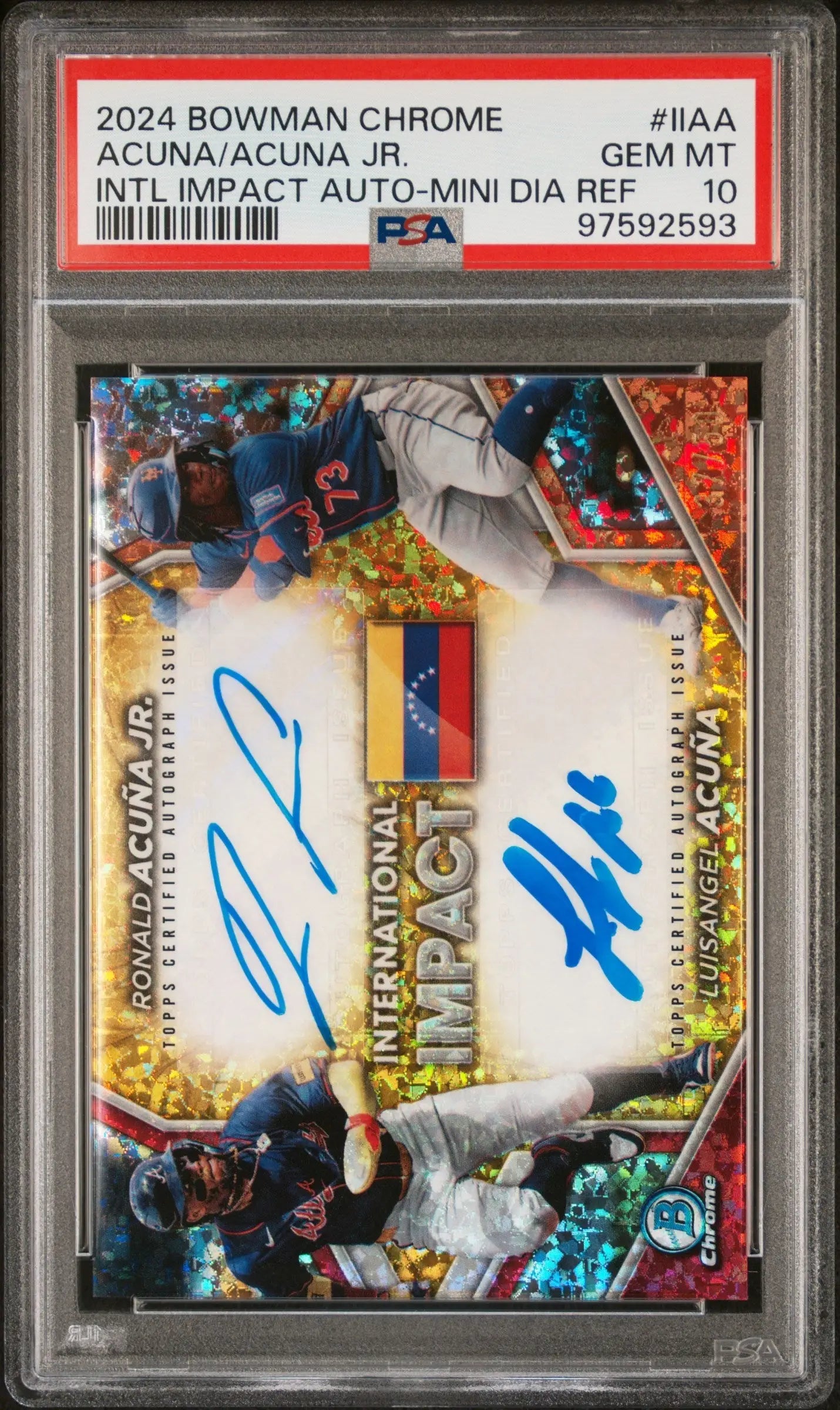 PSA 10 Ronald Acuna Luisangel Acuna Bowman Chrome dual autograph card with Venezuelan flag