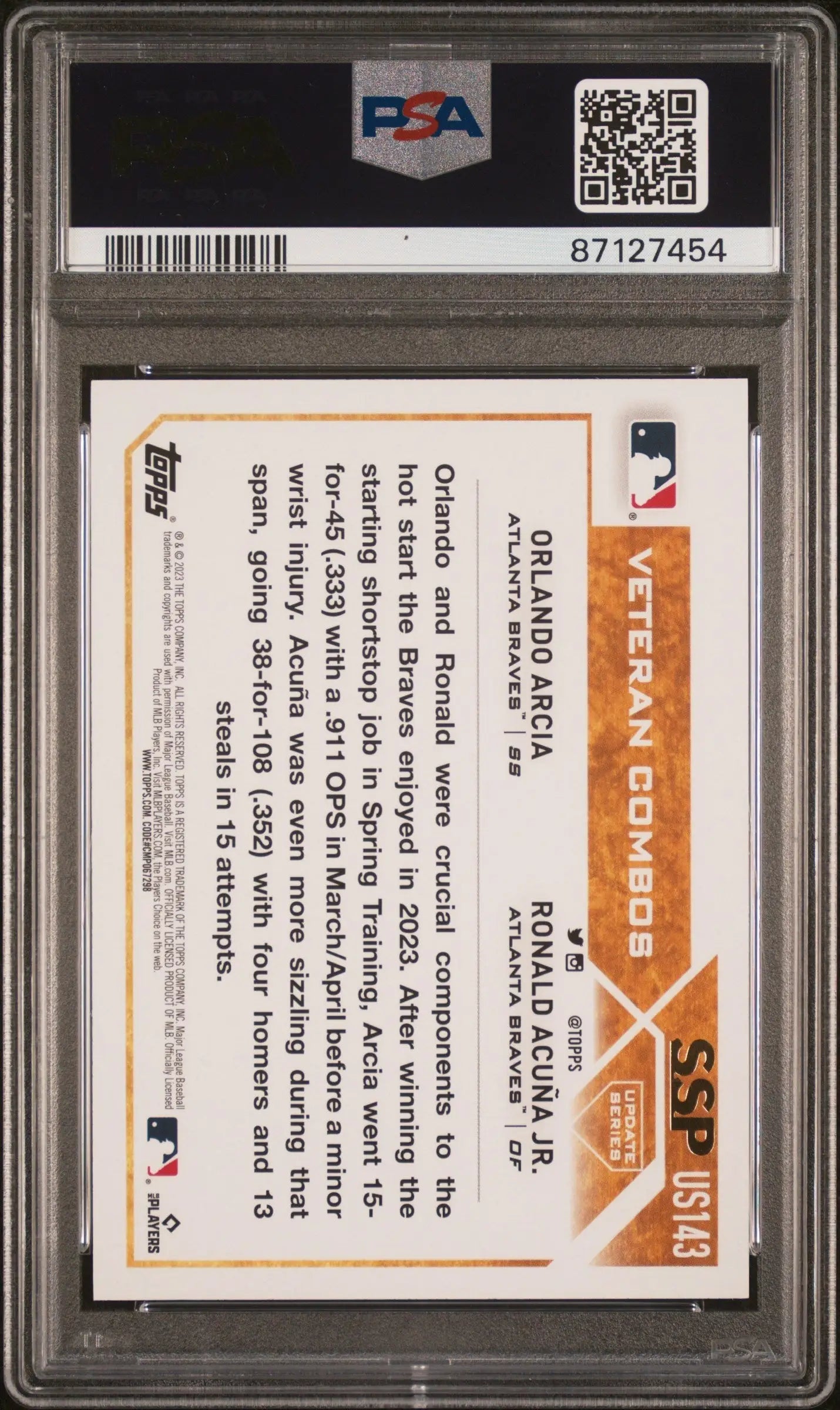 Back side of Ronald Acuna Jr. and Oswaldo Arcia 2023 Topps Update Golden Mirror SSP card