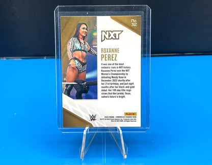 Roxanne Perez Silver Wave 2023 Panini Chronicles WWE card in plastic stand