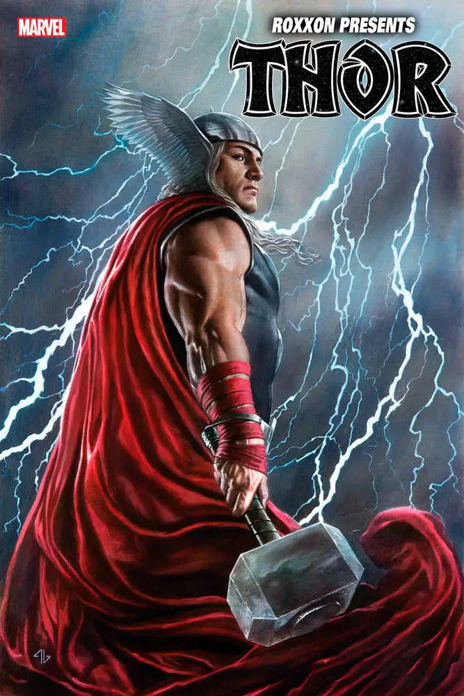 Roxxon Presents Thor #1 Adi Granov Variant featuring a warrior with a hammer, ideal for trading cards