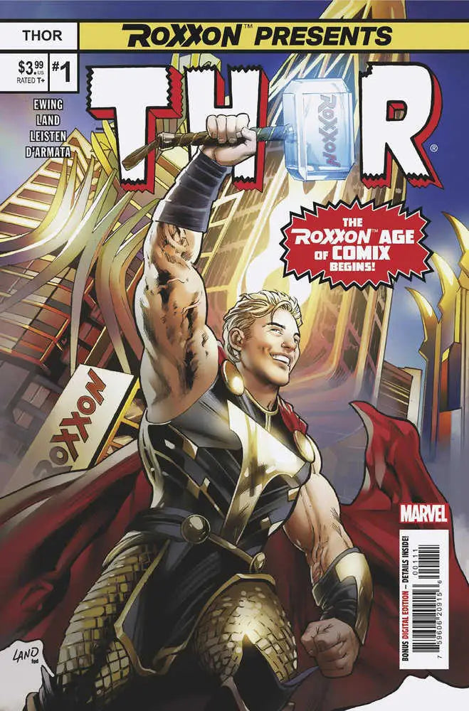 Comic book cover of Roxxon Presents: Thor #1 with Thor raising Mjolnir in battle armor