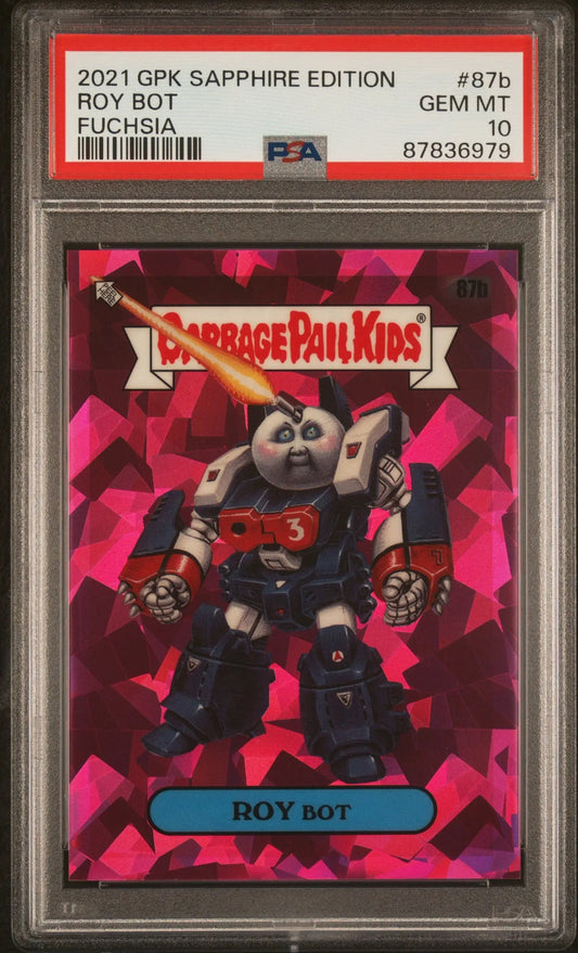 Graded PSA Gem Mint 10 Roy Bot Garbage Pail Kids Sapphire trading card from 2021