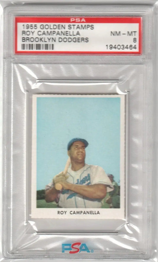 PSA-graded 1959 Golden Stamps Brooklyn Dodgers card in case, available at Columbia Hobby