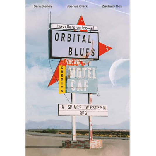 Vintage-style motel sign with Orbital Blues text and red arrow details in Frontier Galaxy