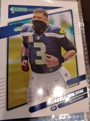 Russell Wilson trading card from 2021 Panini Donruss PHOTO VARIATION without helmet