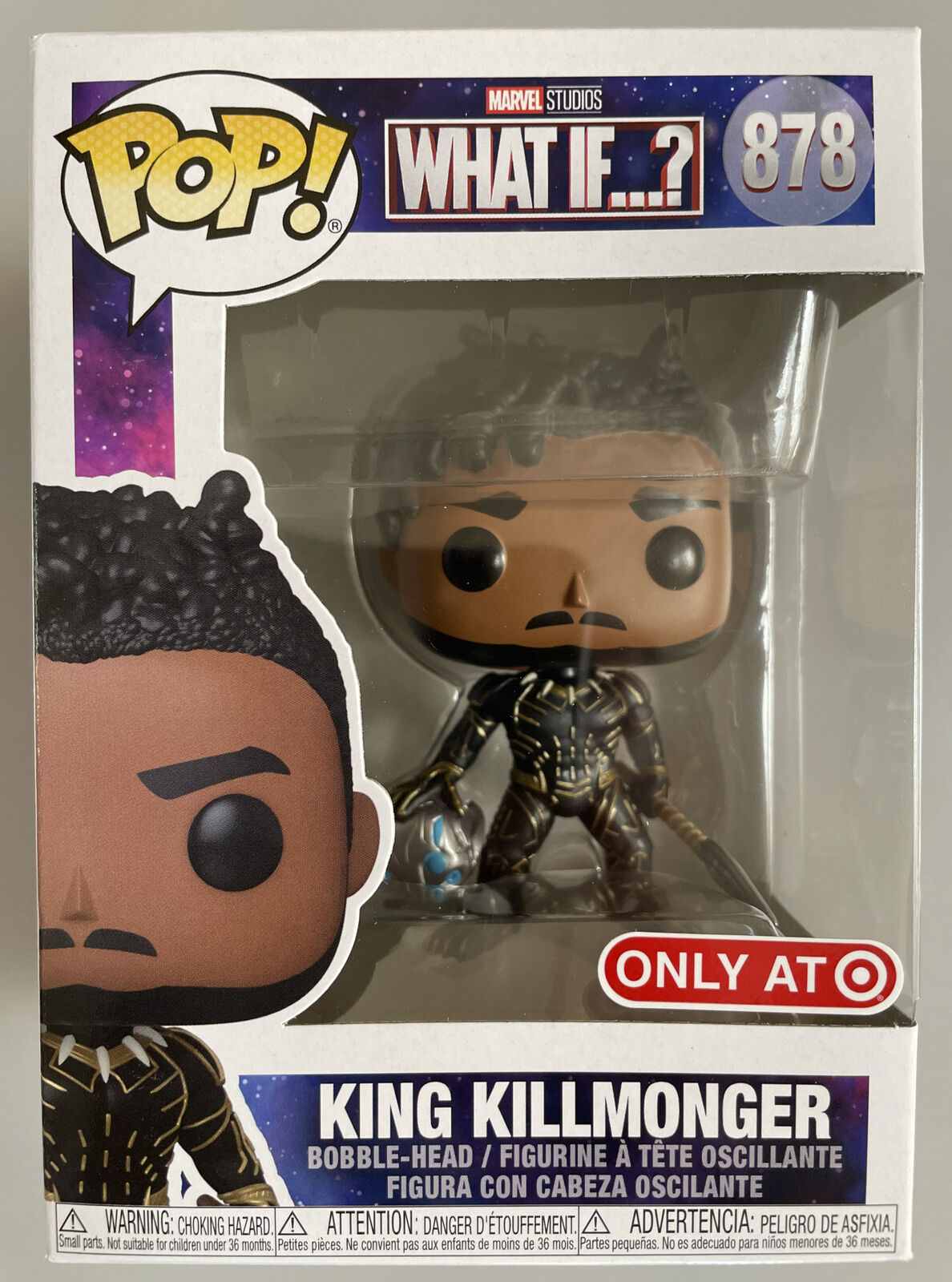 Exclusive Funko Pop of King Killmonger in metallic armor from Marvel’s What If...? series