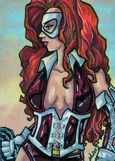 Stylized painting of a red-haired woman in superhero costume on Lynne Anderson sketch card