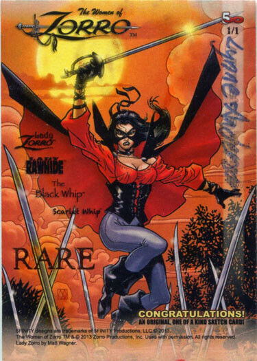 Comic book cover with female superhero in red cape and sword on Lynne Anderson sketch card