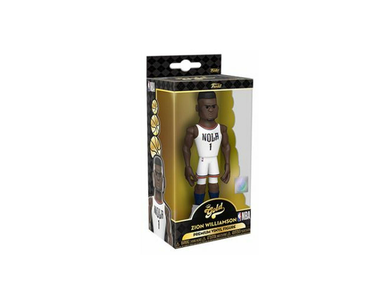 Basketball player action figure in packaging, white jersey number 1, premium vinyl figure