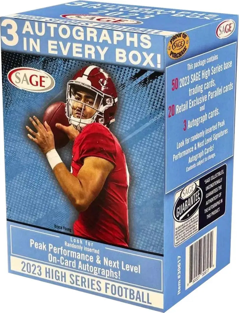 Blue SAGE 2023 High Series Football Blaster Box with quarterback and autograph cards