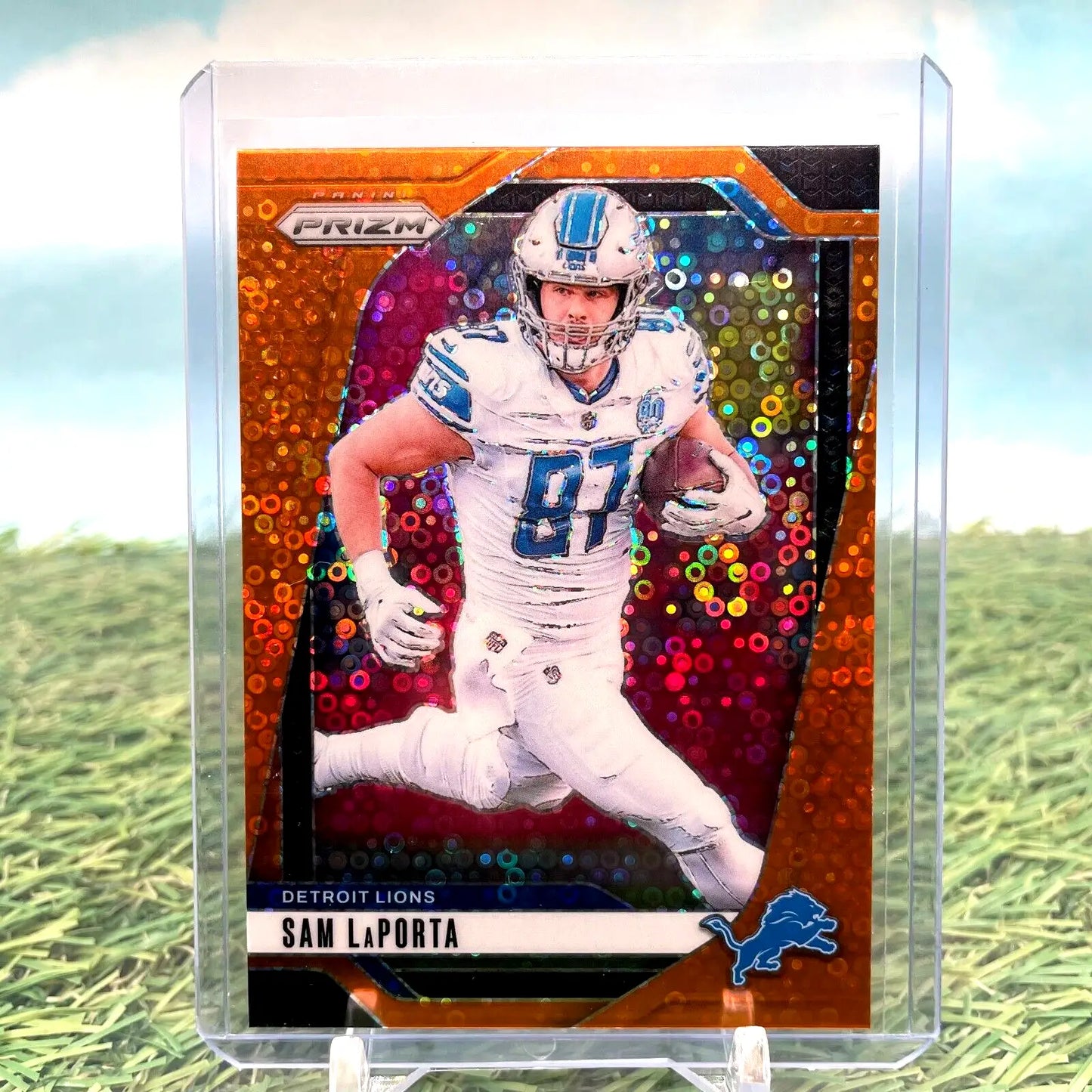 Sam LaPorta 2024 Panini Prizm Orange Disco football card for Detroit Lions collectors