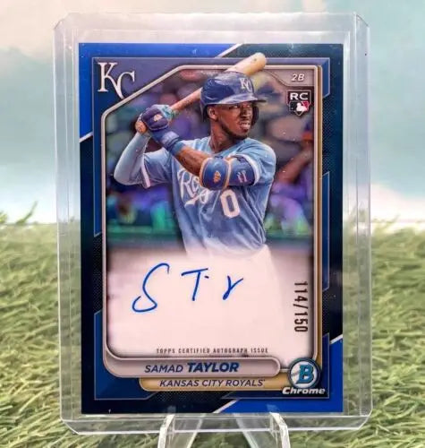 Samad Taylor autographed baseball card from 2024 Bowman Chrome Blue Refractor Royals RC