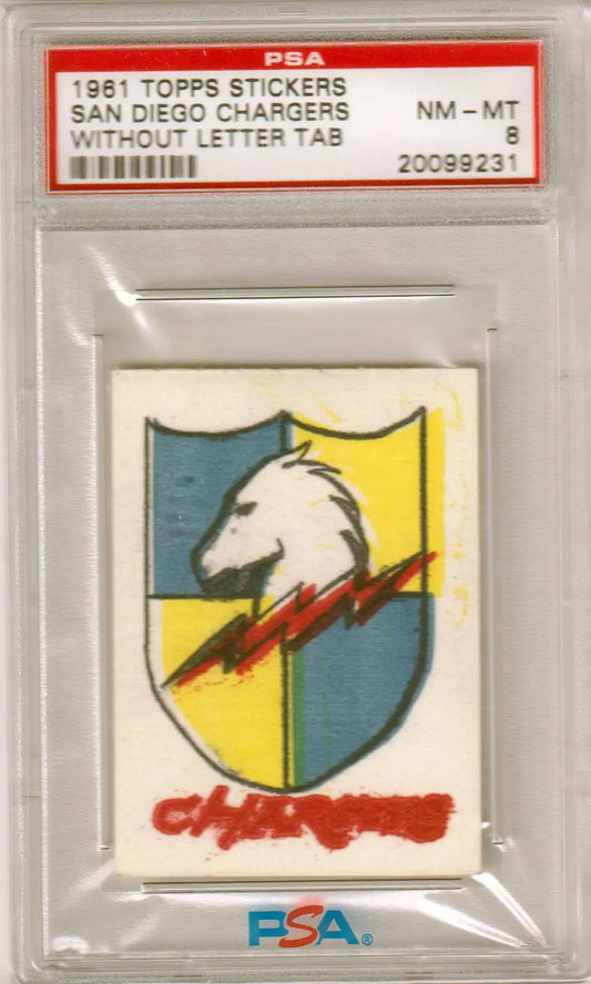 PSA-graded 1961 Topps San Diego Chargers team logo sticker with horse head and lightning bolt