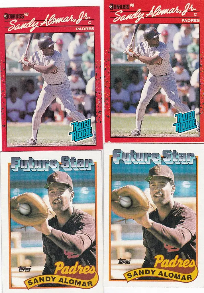 Sandy Alomar Lot of 4 Topps and Donruss Rookie Cards San Diego Padres displayed together