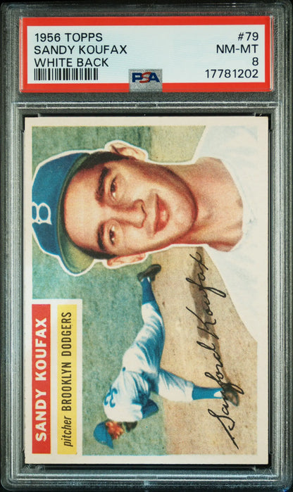 PSA-graded Sandy Koufax 1956 Topps #79 baseball card in white Dodgers uniform