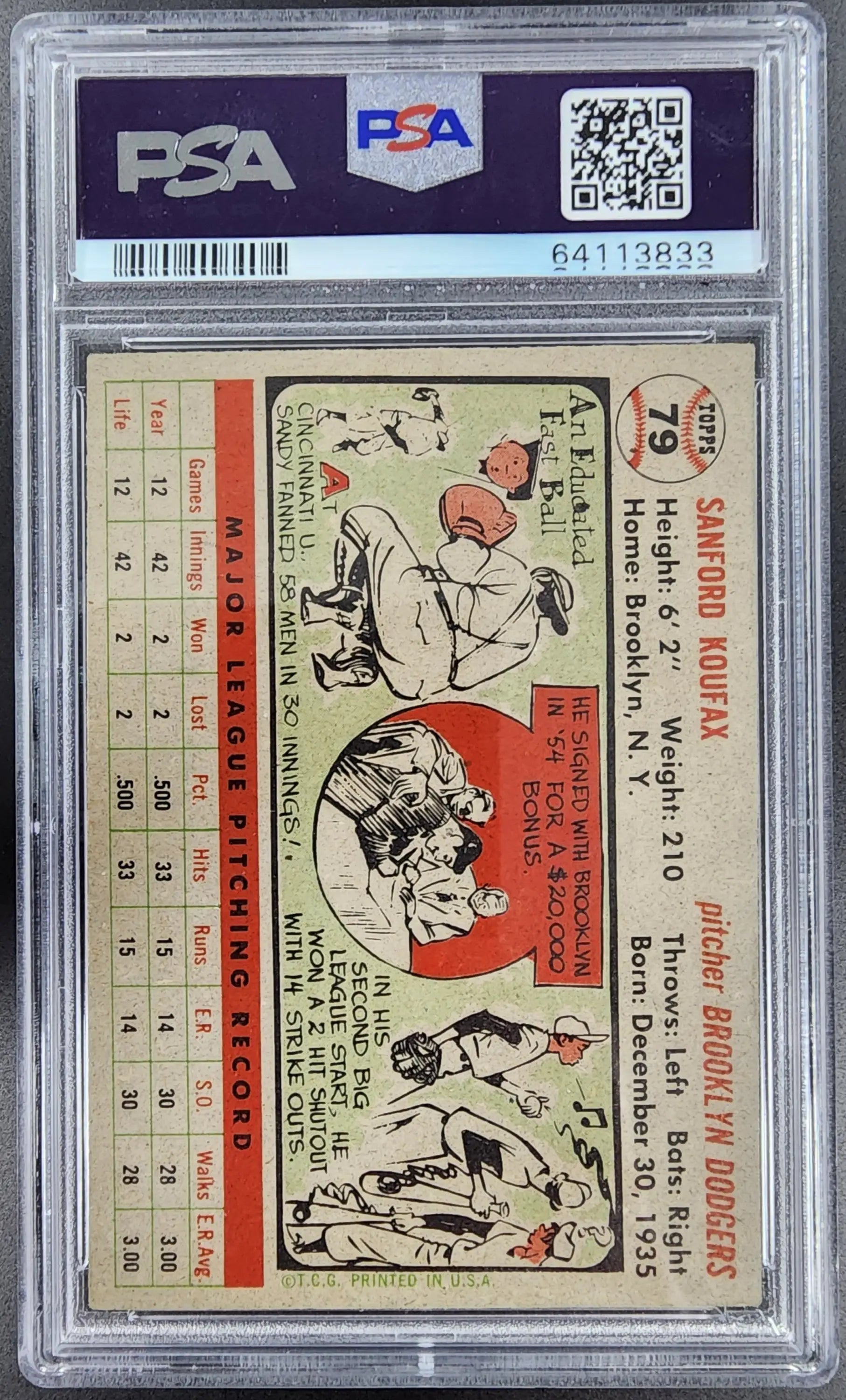 Vintage Sandy Koufax 1956 Topps Grey Back #79 card in protective PSA grading case