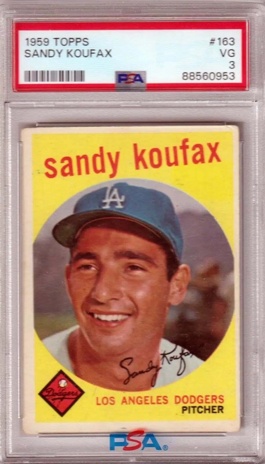 PSA-graded Sandy Koufax 1959 Topps #163 baseball card, yellow border, Dodgers single cards