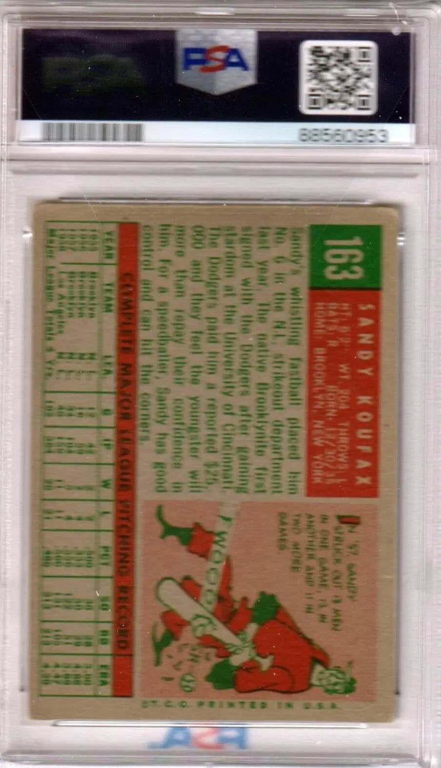 Back of SANDY KOUFAX 1959 Topps #163 card with stats and cartoon illustration, Columbia Hobby