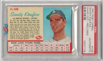 Vintage 1962 Post baseball card of Sandy Koufax, Los Angeles Dodgers, for single cards