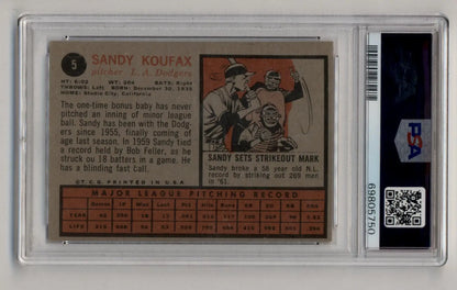 Vintage Sandy Koufax 1962 Topps #5 trading card in Excellent Mint graded case