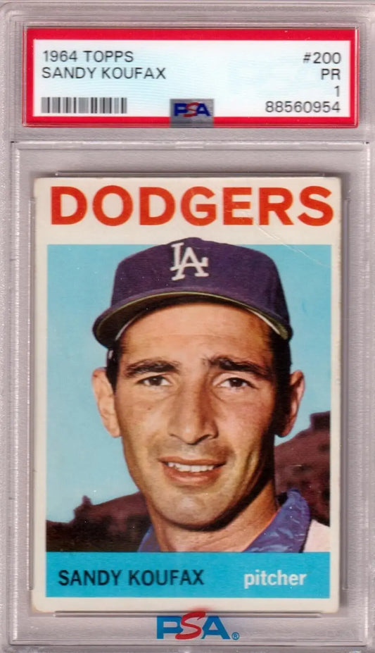 PSA-graded 1964 Topps Dodgers Baseball Card of Sandy Koufax in blue LA cap, box free shipping