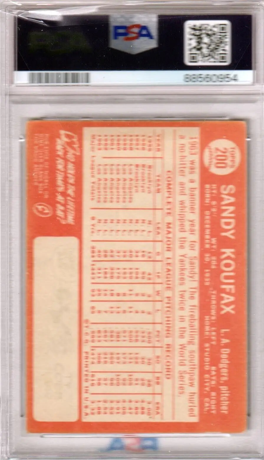 PSA-graded Sandy Koufax 1964 Topps #200 baseball card with orange back from Columbia Hobby