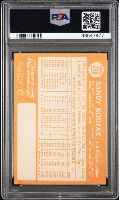 Back of Sandy Koufax 1964 Topps #200 baseball card in PSA graded case with stats