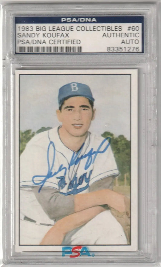 PSA-authenticated autographed Sandy Koufax 1983 baseball card in protective case, Columbia Hobby