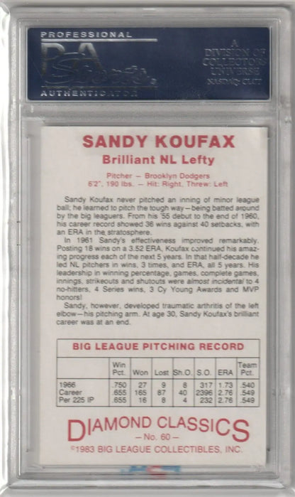 Sandy Koufax Baseball card with statistics in protective holder for single cards collectors