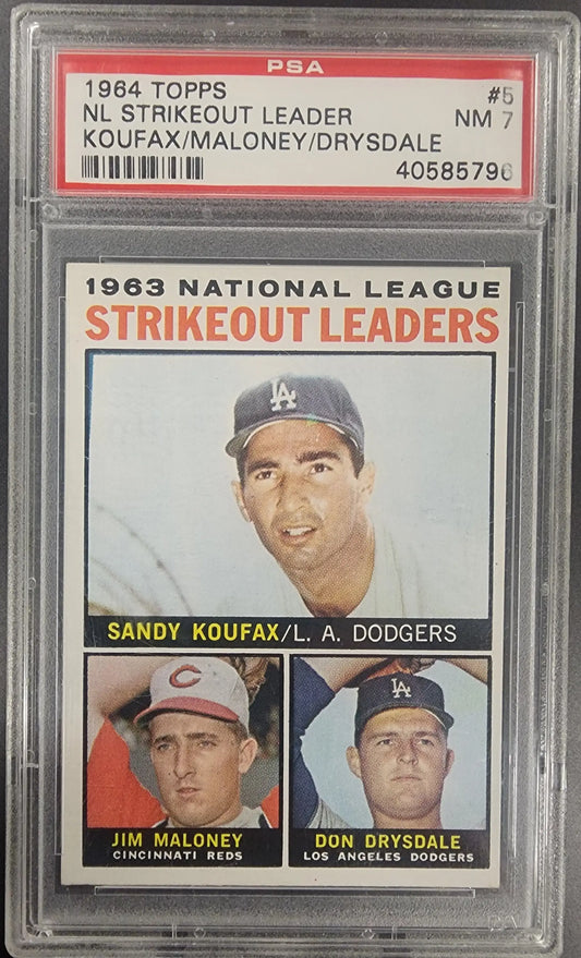 1964 Topps National League Strikeout Leaders card featuring Sandy Koufax, Don Drysdale, and Maloney