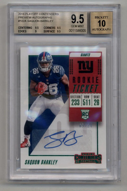 BGS 9.5 Gem Mint Saquon Barkley 2018 Contenders Preview Auto trading card in blue uniform