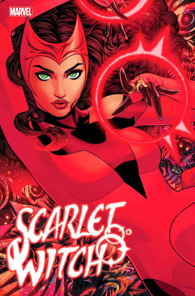 Comic book cover of Scarlet Witch #1 in red tones with mystical energy effects