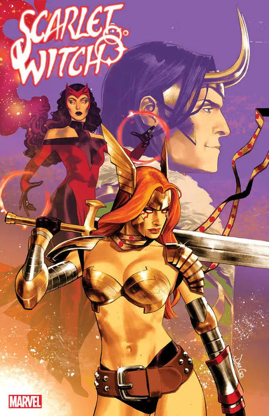 Comic book cover artwork featuring Scarlet Witch in dynamic action poses for trading cards