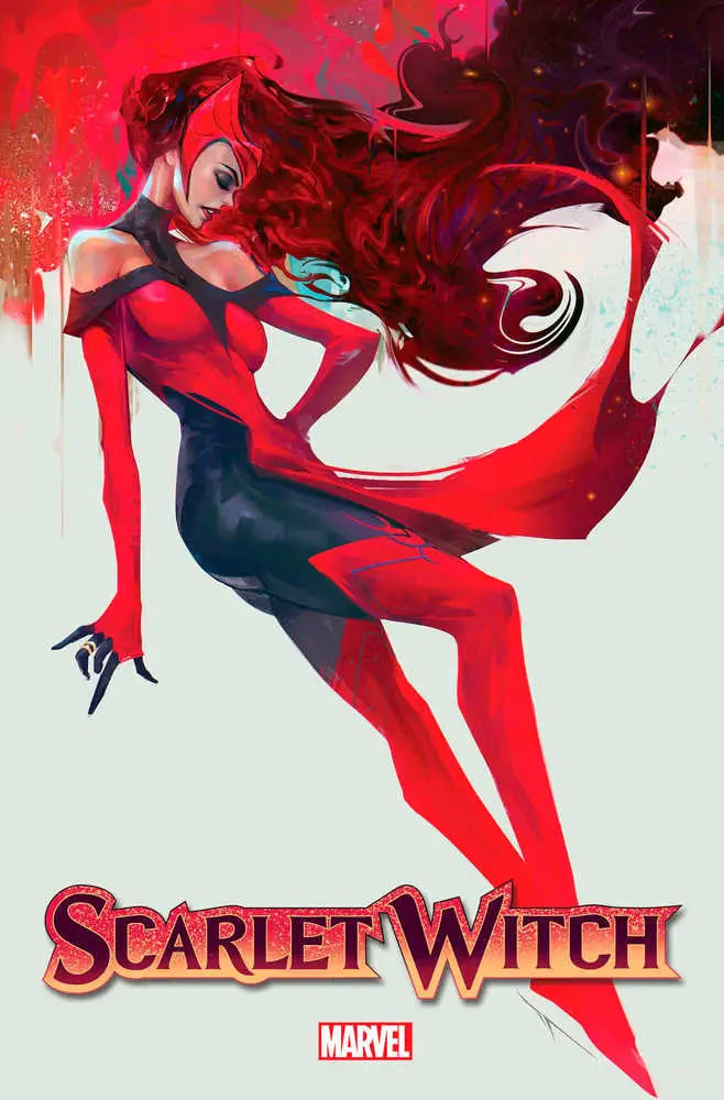 Stylized Marvel Comics Scarlet Witch artwork in dynamic pose for trading cards