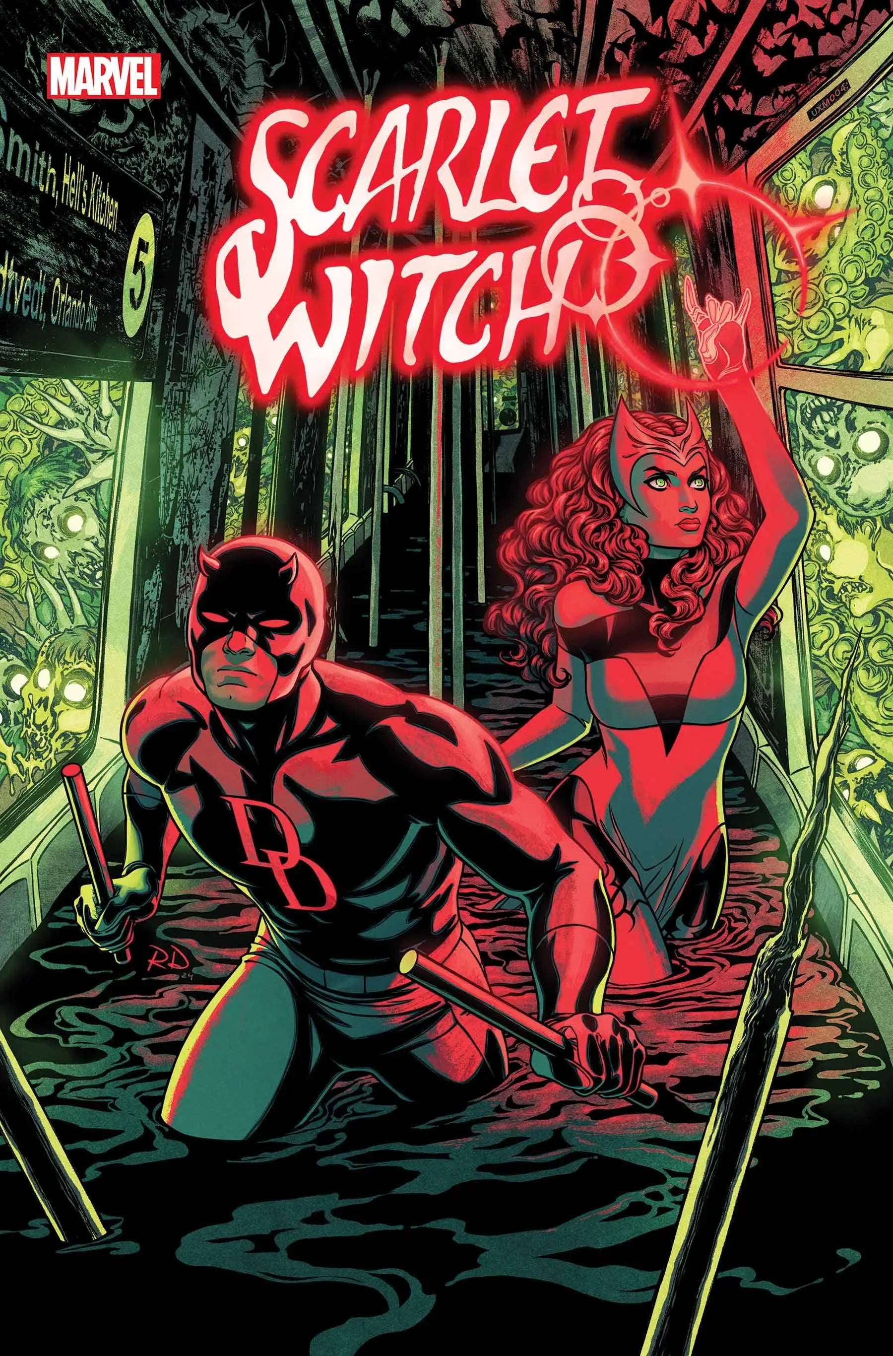 Scarlet Witch #5 comic book cover with red-tinted characters in Hell’s Kitchen setting