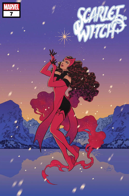 Comic book cover art of Scarlet Witch dancing under starlight for trading cards