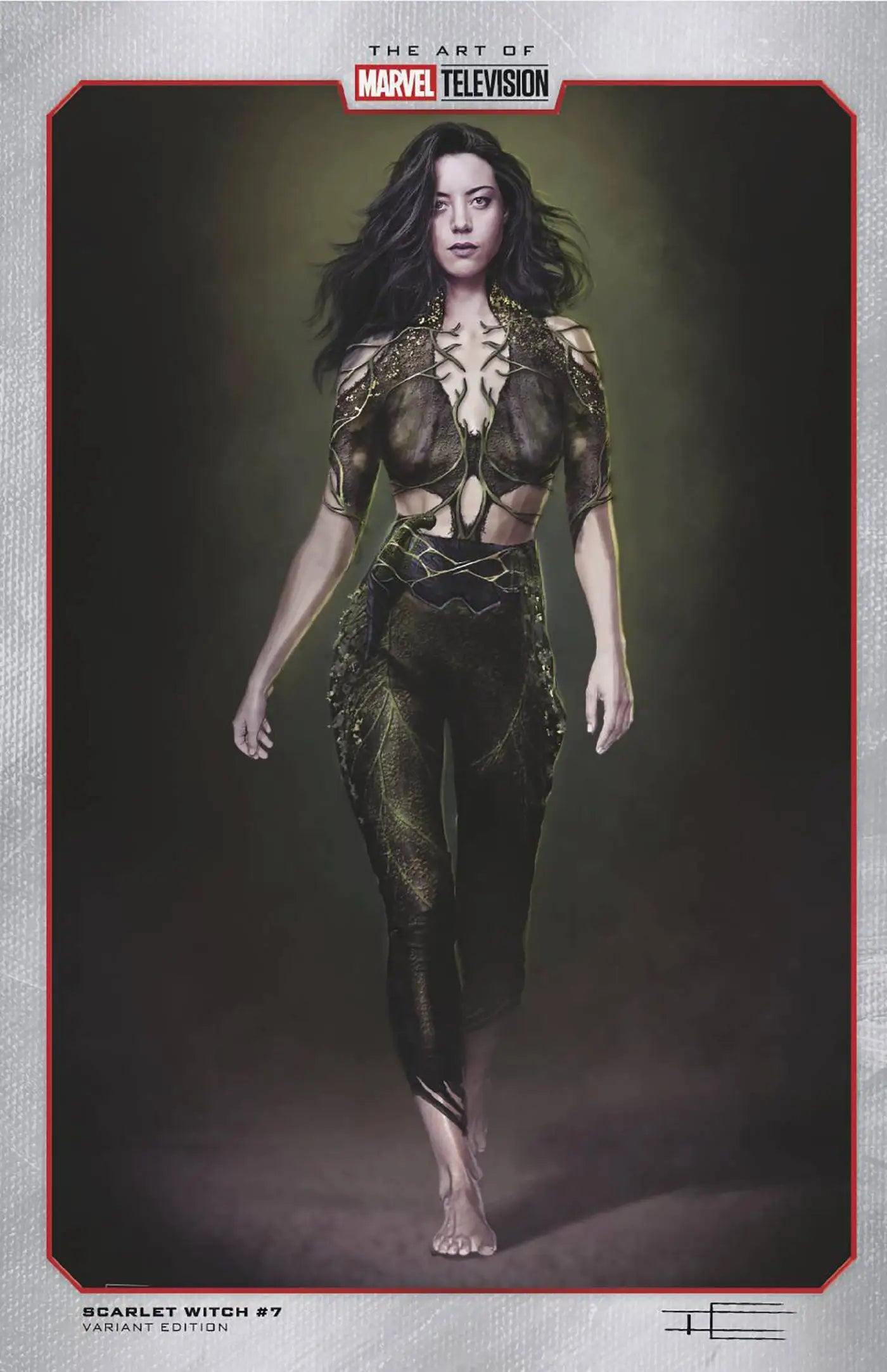 Barefoot figure in tattered dark clothing, capturing Scarlet Witch’s gothic aesthetic shown in trading card