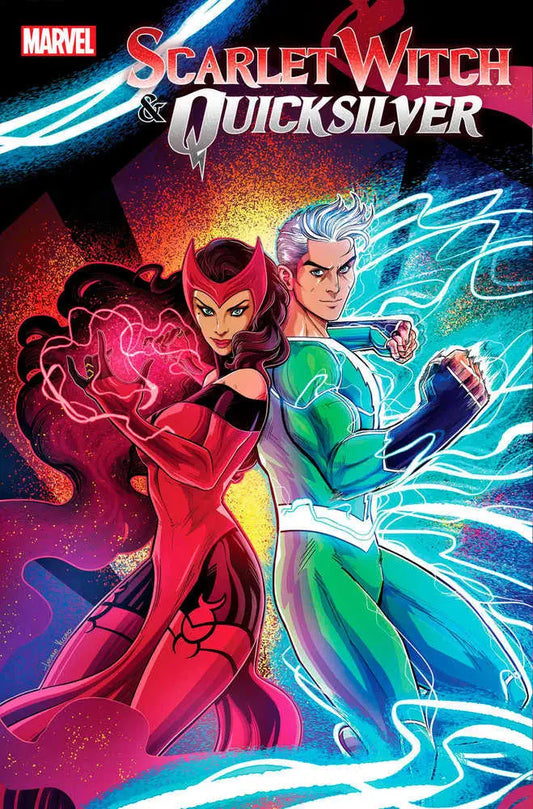 Comic book cover of Scarlet Witch and Quicksilver with magic effects in red and blue