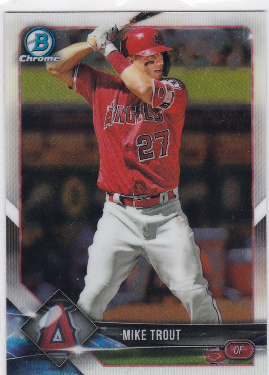 Baseball card of Mike Trout in batting stance from 2018 Bowman Chrome #37 Angels