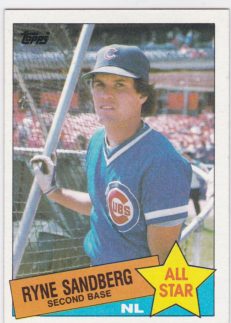 Ryne Sandberg Chicago Cubs baseball card in blue uniform with bat from 1985 Topps