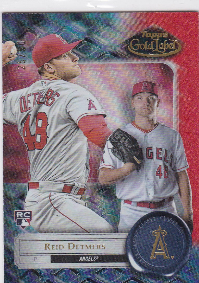 Baseball card of Reid Detmers Class 2 in mid-throw for Topps Gold Label, Los Angeles Angels