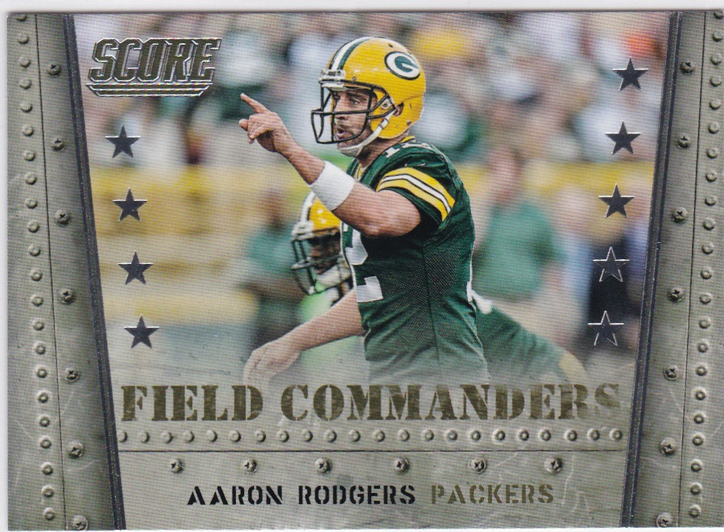 Football trading card of FC1 Aaron Rodgers in throwing motion for Field Commanders set