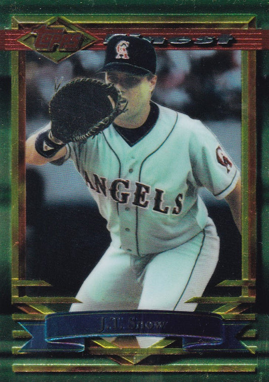 Baseball player in Angels uniform ready to catch ball from 1994 Topps Finest J.T. Snow