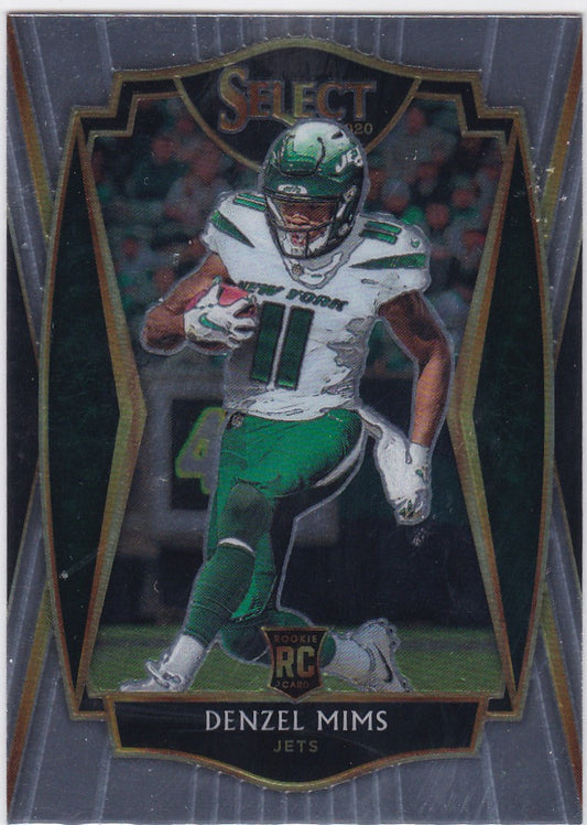 Football trading card of Denzel Mims running for the New York Jets, Panini Select