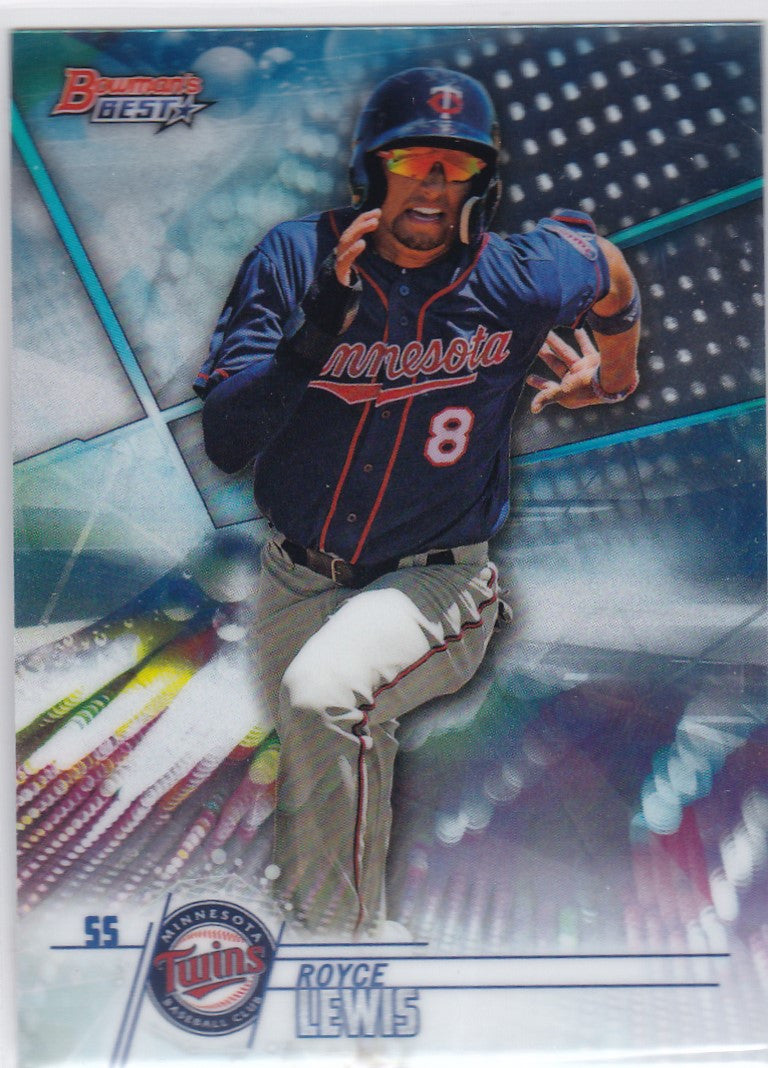 Baseball trading card of Royce Lewis Minnesota Twins in batting stance, Bowmans Best Prospects