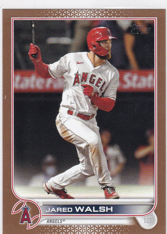 Baseball card of Jared Walsh in batting stance for Los Angeles Angels Gold Parallel