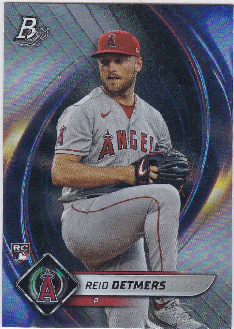 Baseball card of Reid Detmers RC in gray road uniform for Los Angeles Angels Bowman Platinum