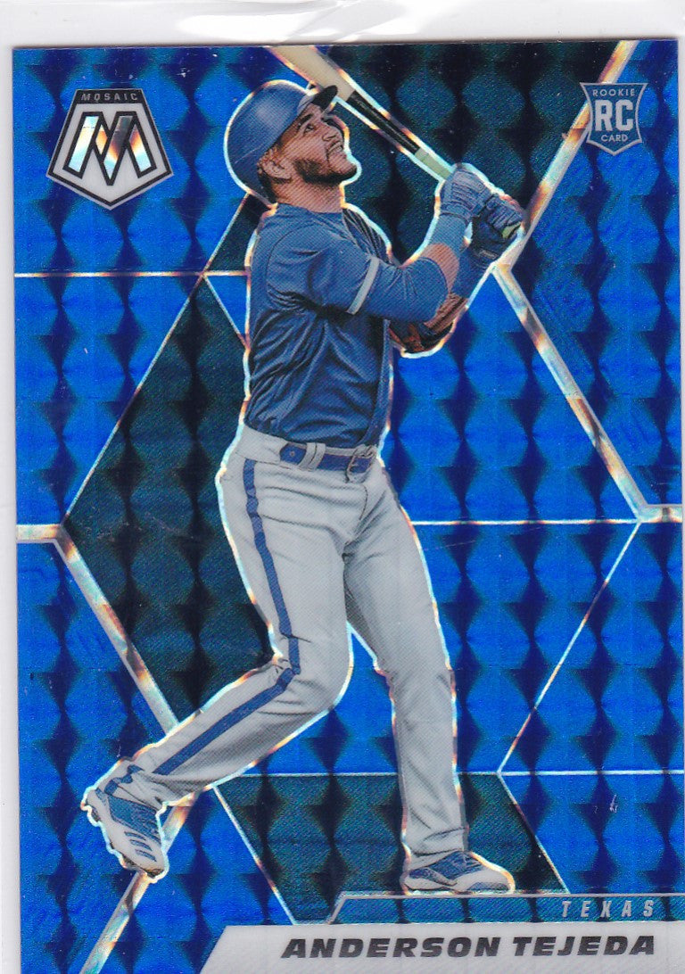 Blue baseball card of Anderson Tejeda in mid-swing from Panini Mosaic Tejeda RC Prizm