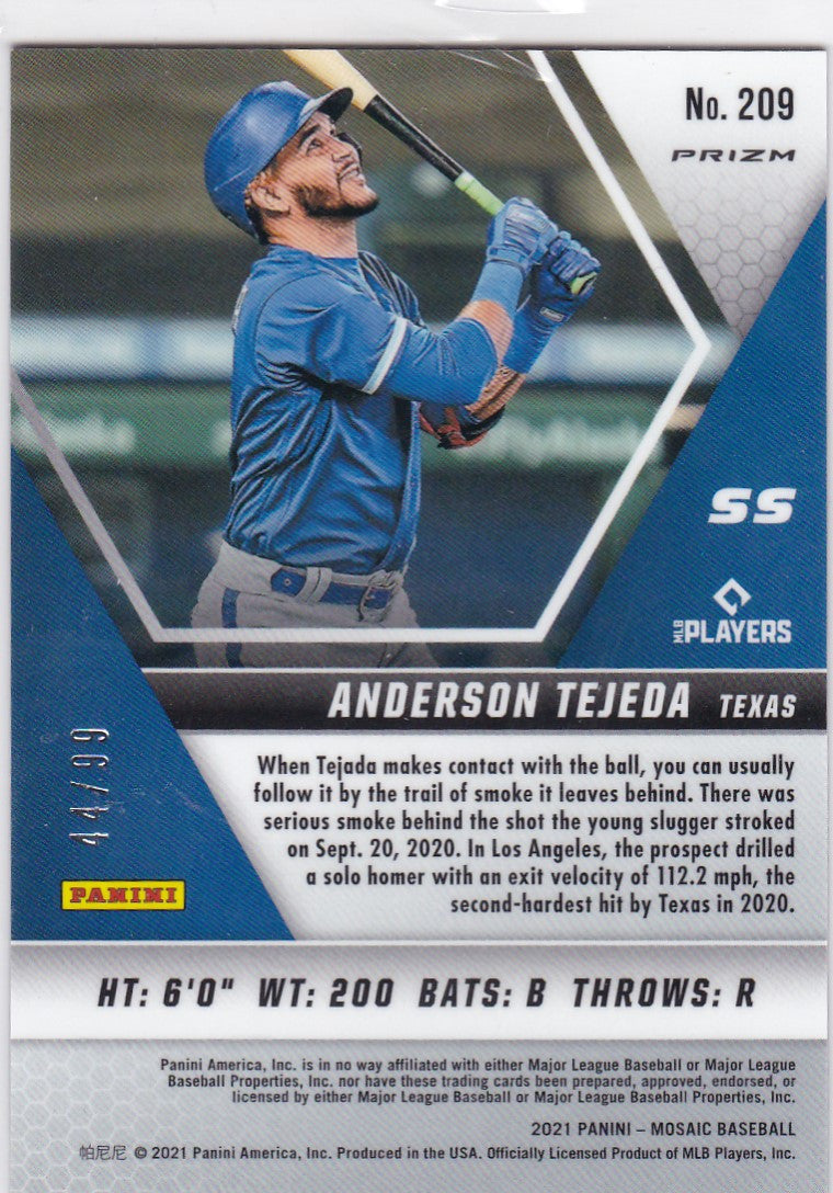 Texas Rangers Anderson Tejeda RC Prizm in blue uniform swinging bat Panini Mosaic card