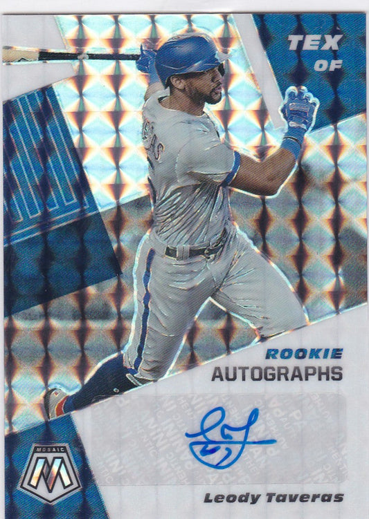 Shiny Panini Mosaic Taveras RC Auto featuring Texas Rangers player in batting stance